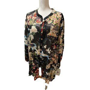 Size 3X Citron Asian print silk blouse buttons cinch sleeves black Artsy